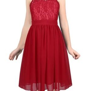 Red Pleated Halter A-line Dress for Wedding Guest